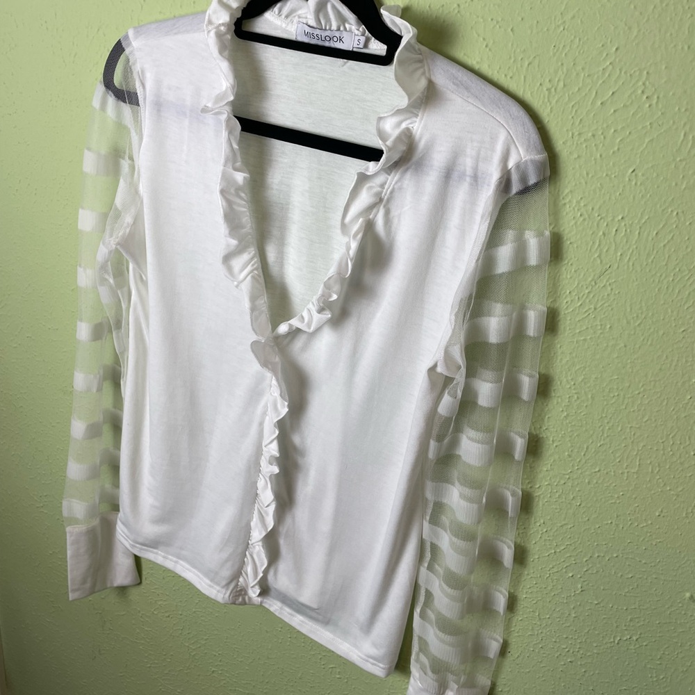 Misslook White Ruffle Top with Sheer Striped Long Sleeves
